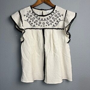 MINE Women's Boutique Prairie Embroidered‎ Ruffle Sleeve Top Cream Black Size M